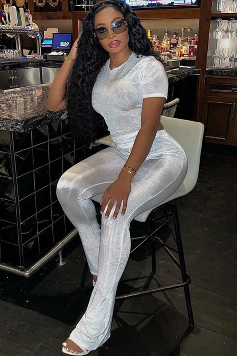 Ribbed Short Sleeve Flare Pants Set