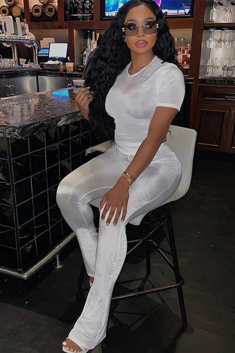 Ribbed Short Sleeve Flare Pants Set