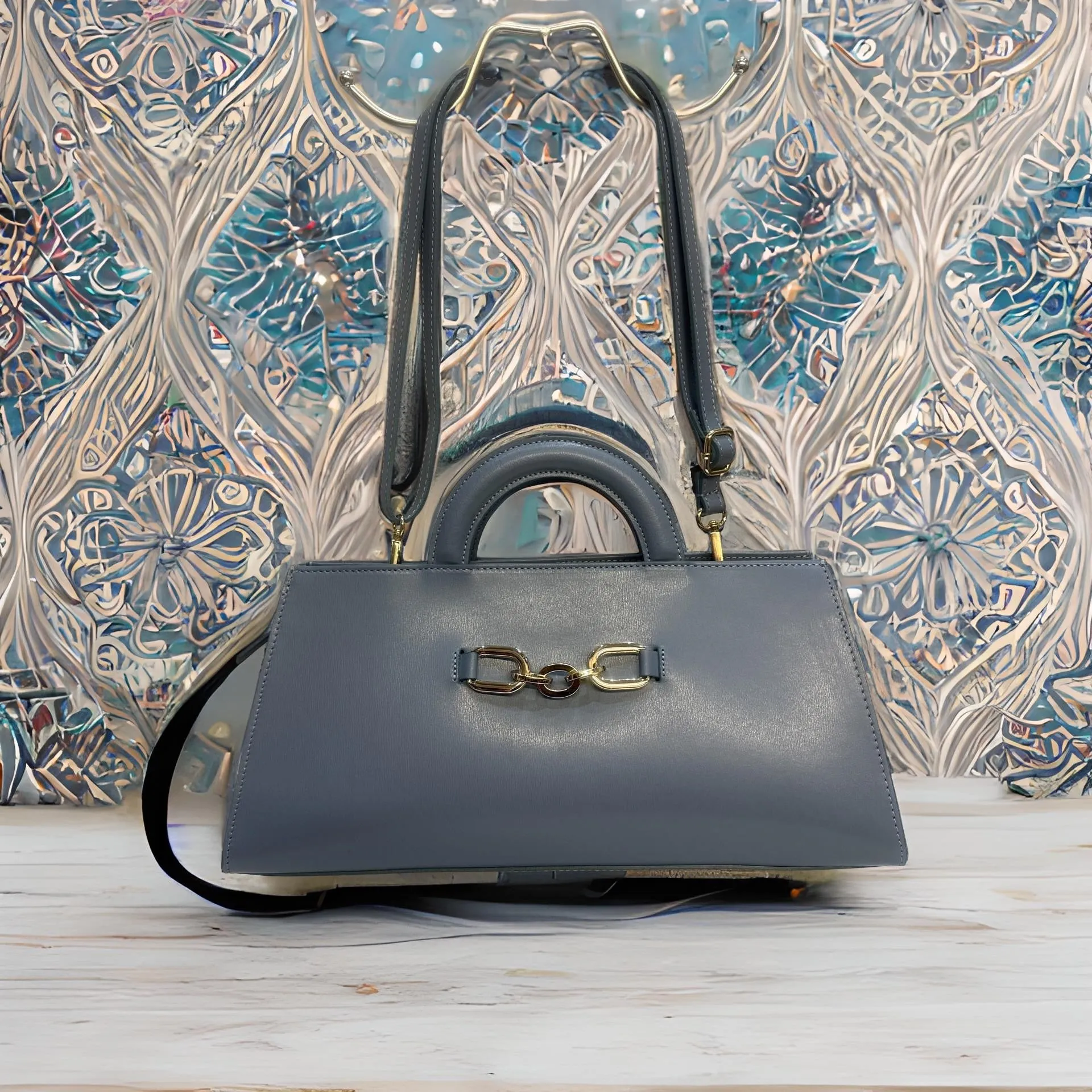 Sky Blue Large Leather Tote Bag