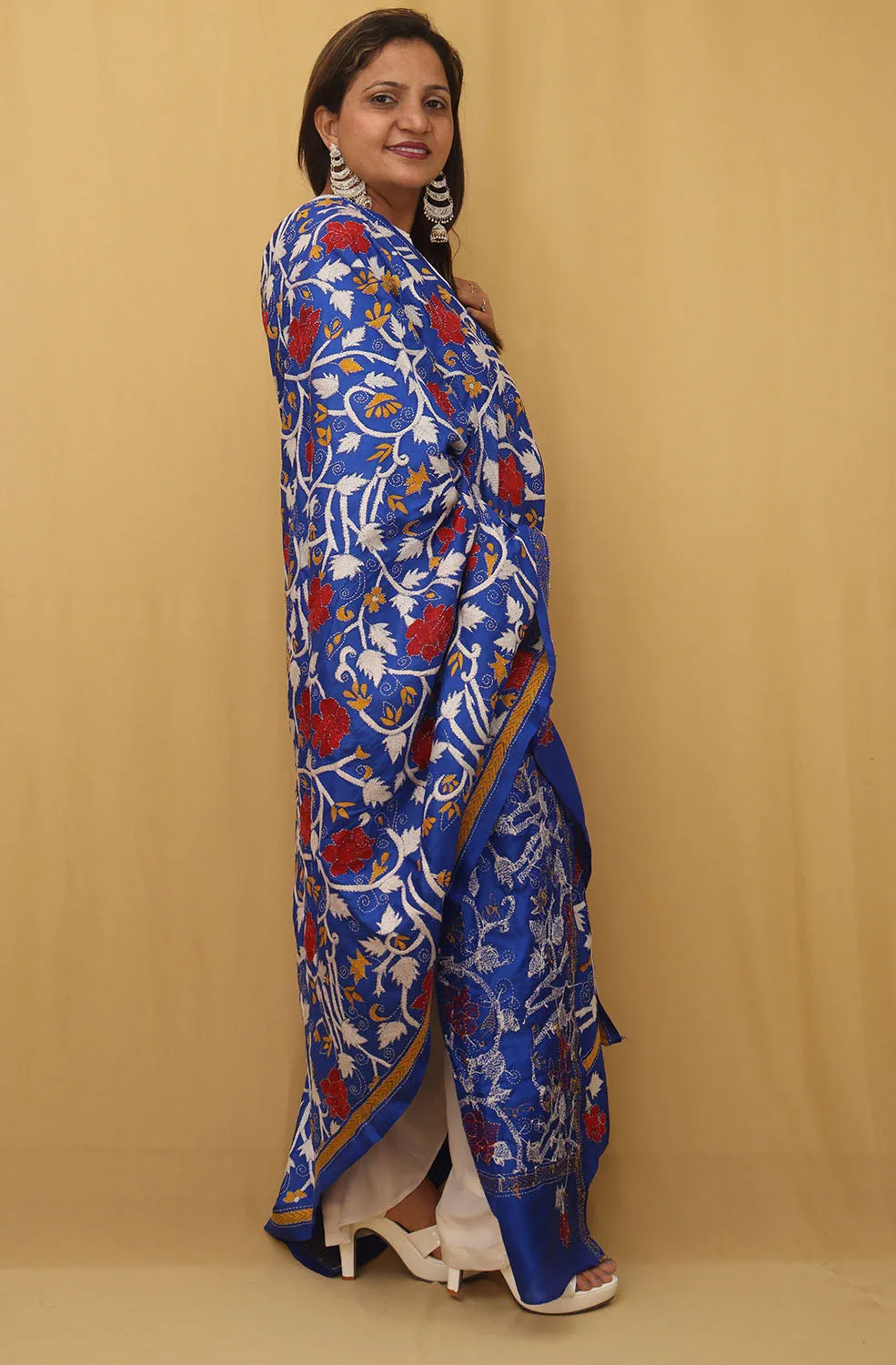 Stunning Blue Kantha Silk Dupatta with Hand Embroidery