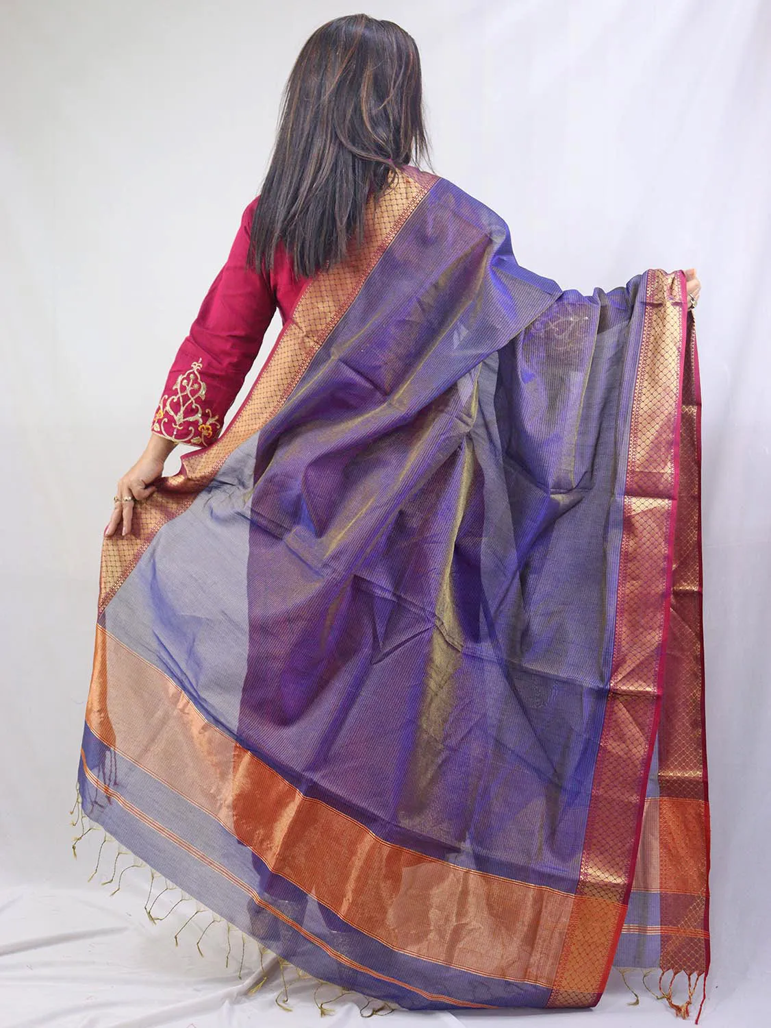 Stunning Blue Maheshwari Tissue Silk Dupatta - Handloom Cotton Weave