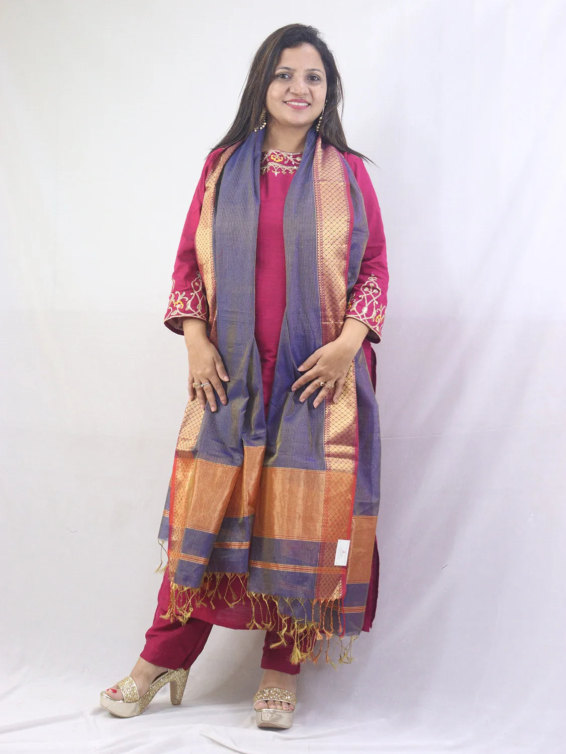 Stunning Blue Maheshwari Tissue Silk Dupatta - Handloom Cotton Weave