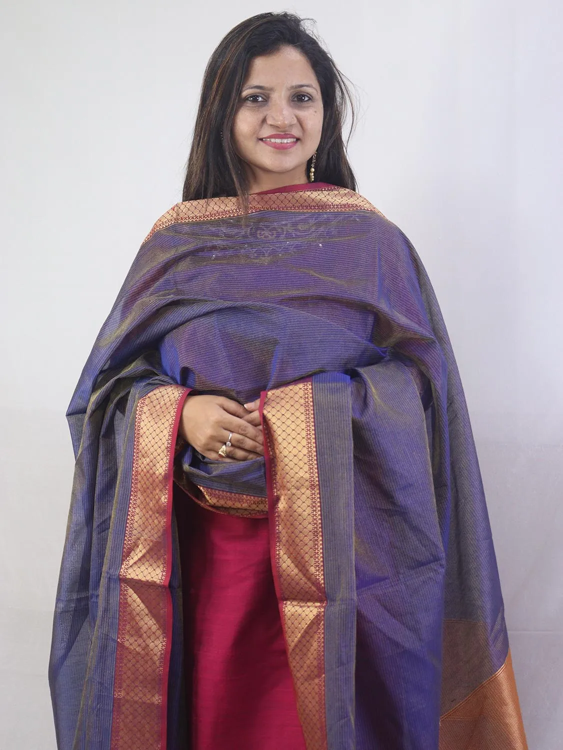 Stunning Blue Maheshwari Tissue Silk Dupatta - Handloom Cotton Weave