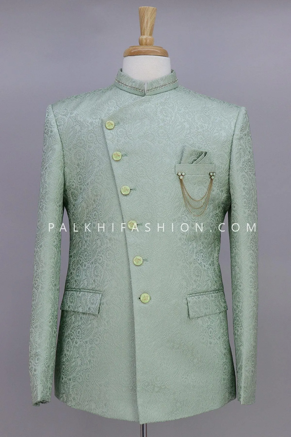Stunning Light Green Jacquard Silk Jodhpuri Suit