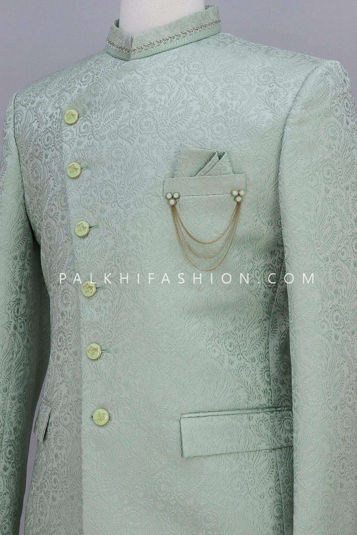 Stunning Light Green Jacquard Silk Jodhpuri Suit