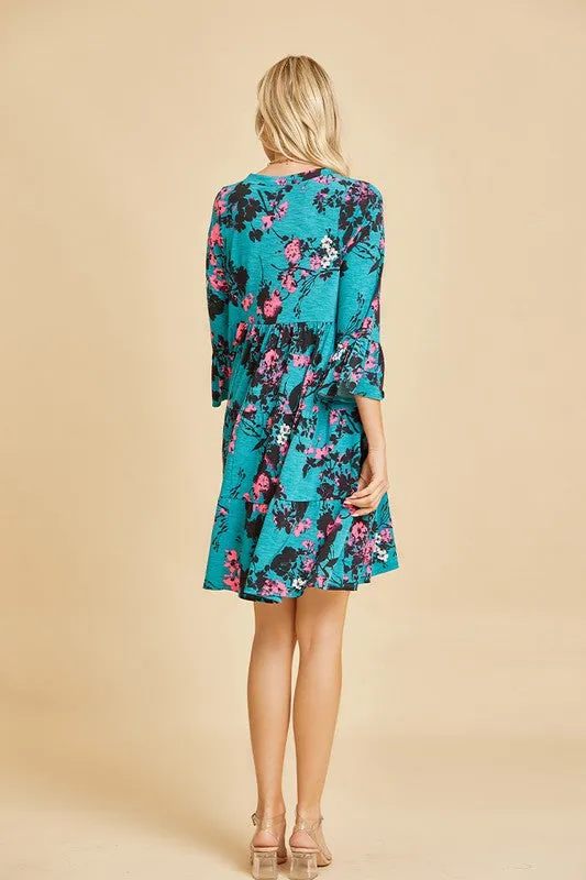 Stunning Open V-Neck Dress in Teal/N Pink