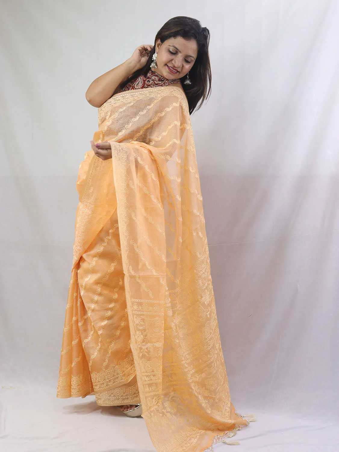 Stunning Orange Chikankari Kota Silk Saree with Embroidery