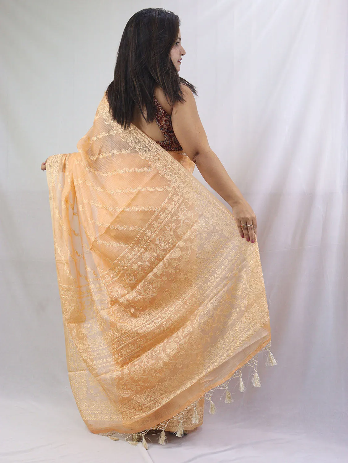 Stunning Orange Chikankari Kota Silk Saree with Embroidery