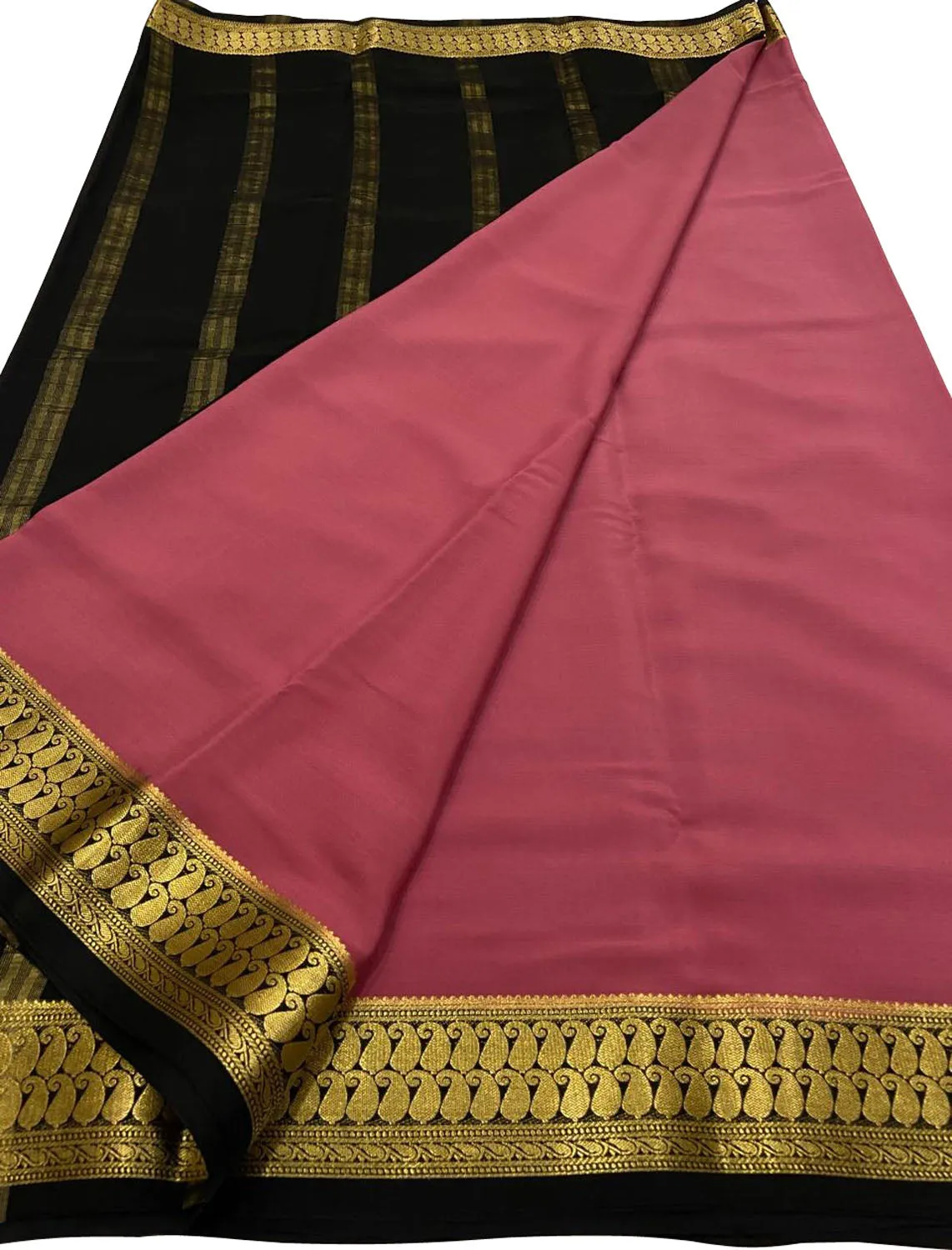 Stunning Pink & Black Crepe Silk Saree - Handloom Mysore