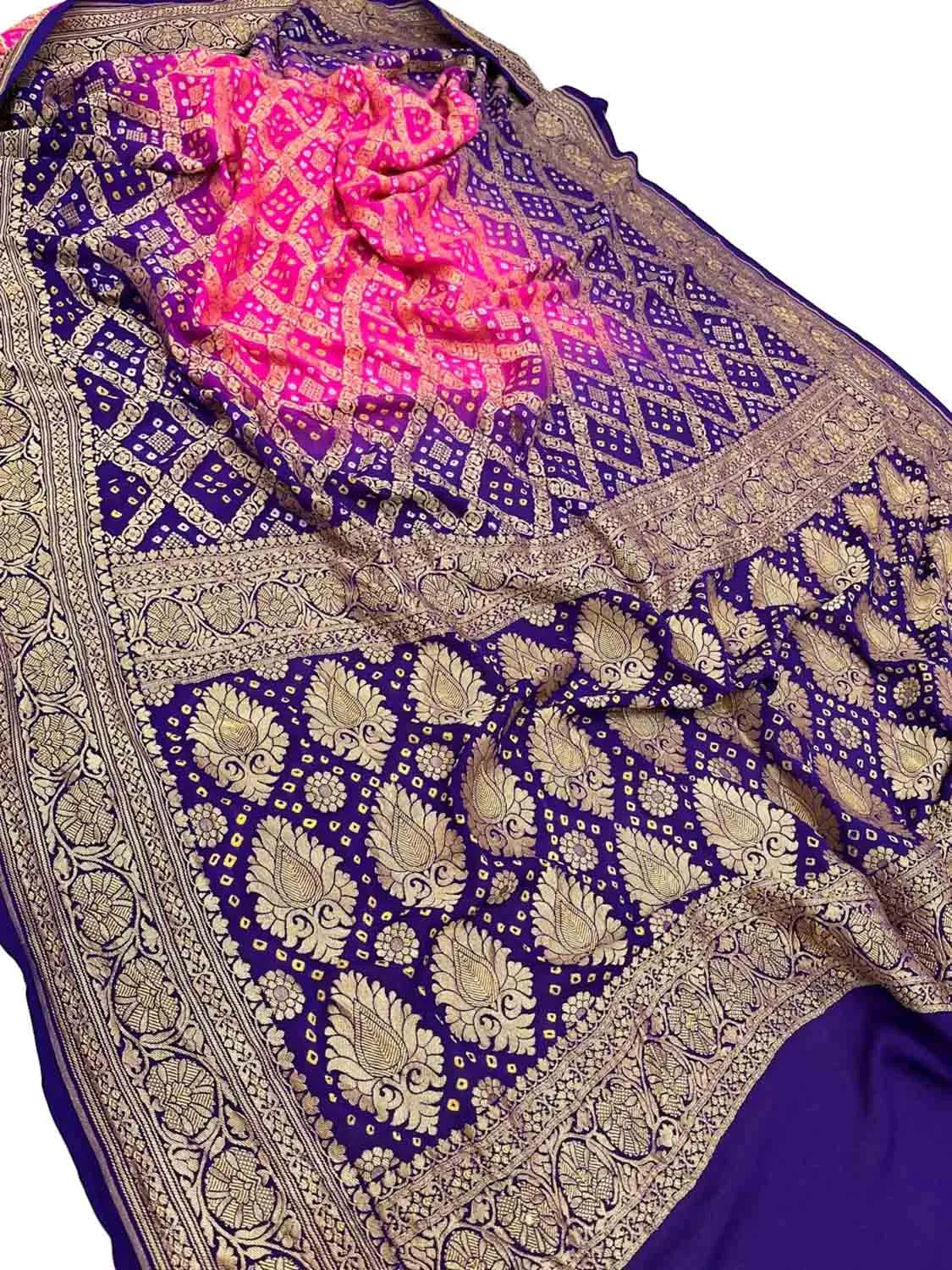 Stunning Pink & Blue Banarasi Bandhani Georgette Saree