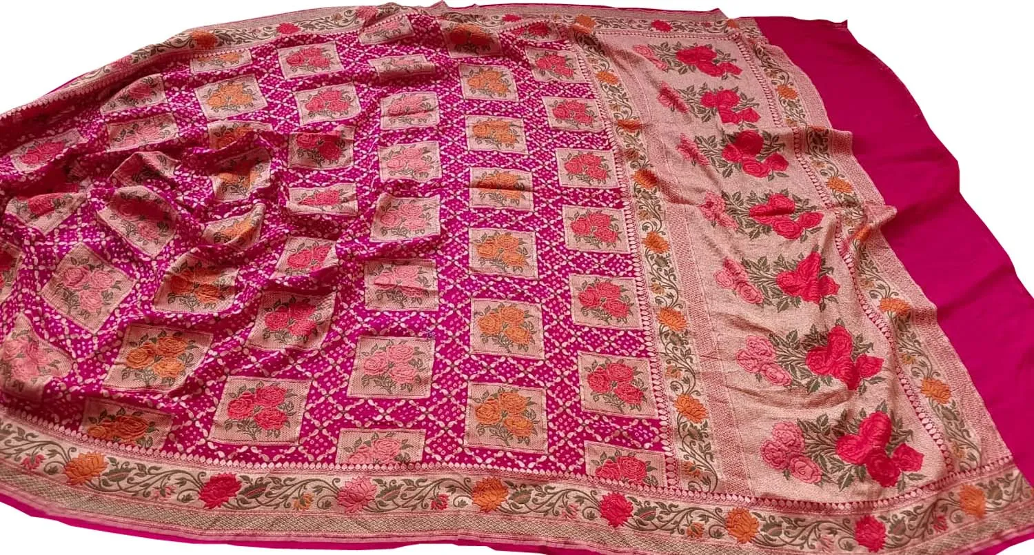 Stunning Pink Banarasi Bandhani Pure Georgette Meenakari Saree