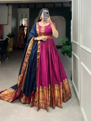 Stunning Pink Traditional Narayanpet Gown with Dupatta & Belt