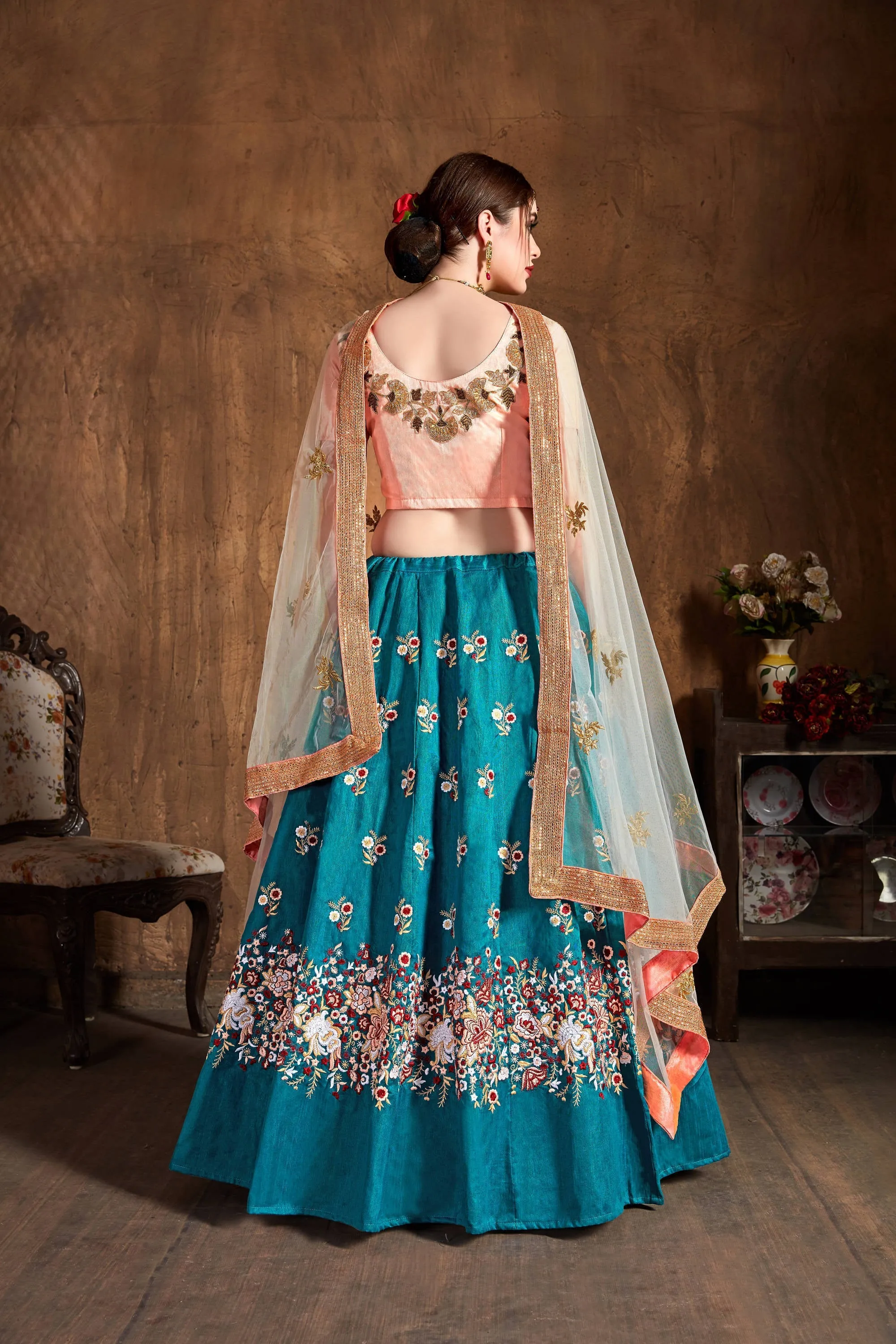 Stunning Teal Blue Thread Work Raw Silk Bridal Lehenga Choli