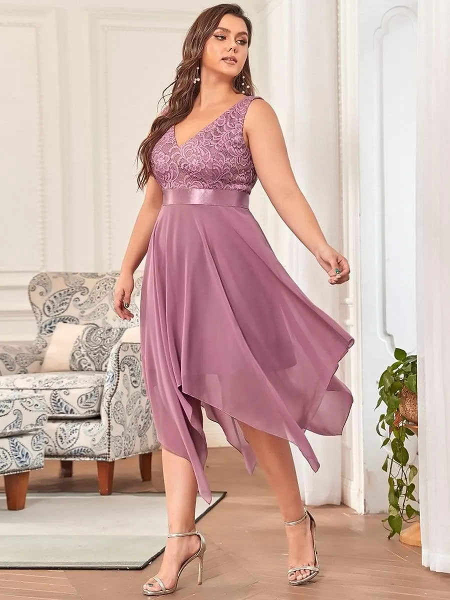 Stunning V Neck Lace Dress with Asymmetrical Hems
