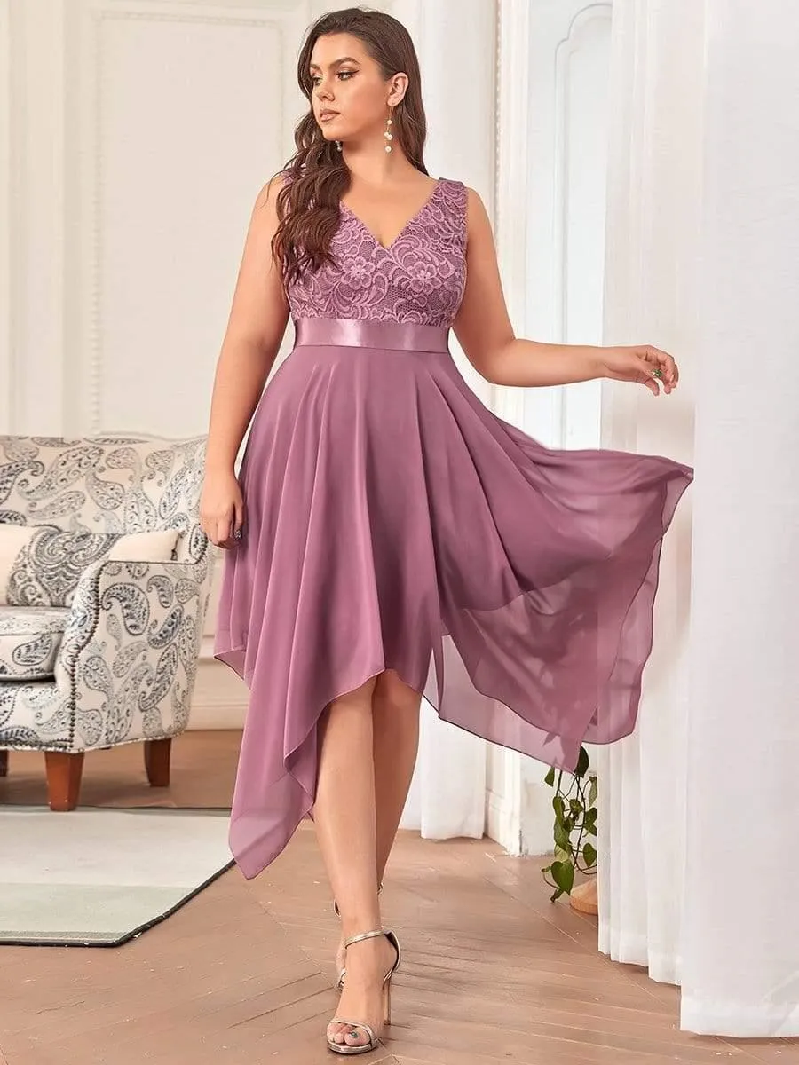 Stunning V Neck Lace Dress with Asymmetrical Hems