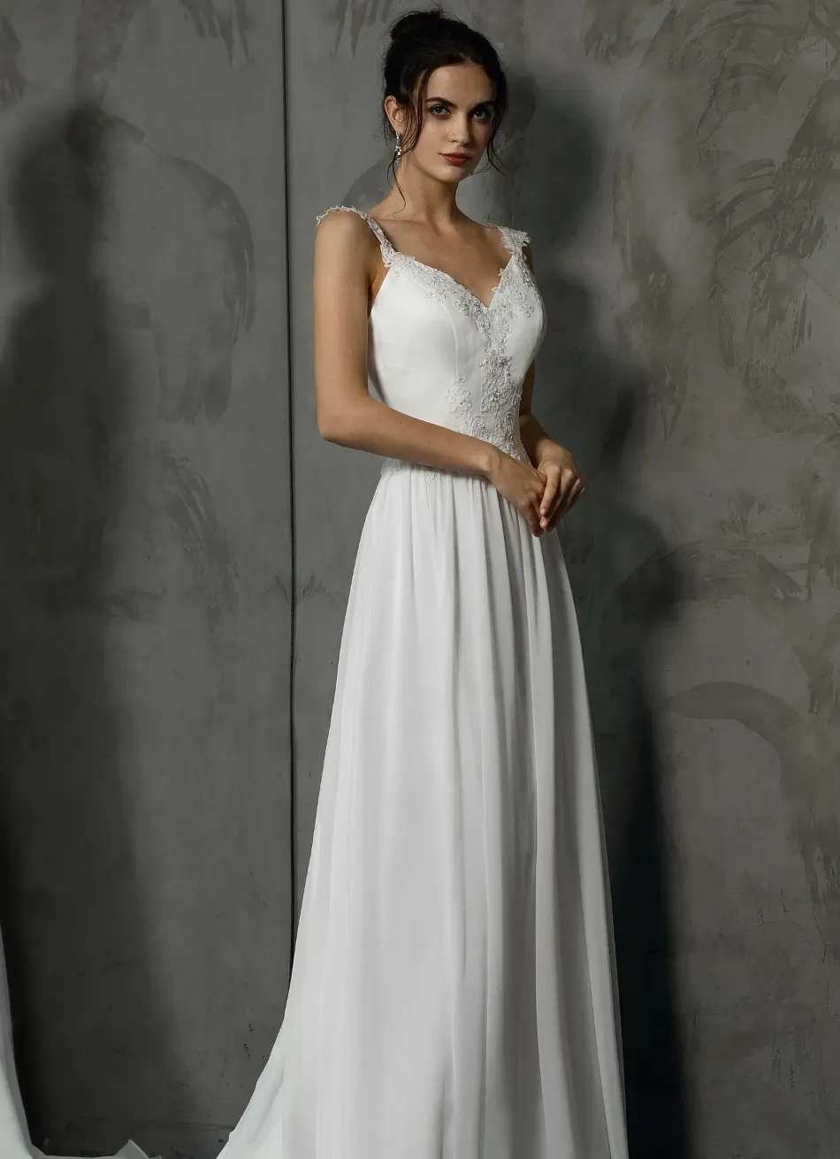 Stunning V Neckline Chiffon Wedding Dress With Beaded Appliques