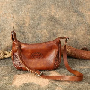 Womens Leather Hobo Crossbody Brown Shoulder Bag With Rivets