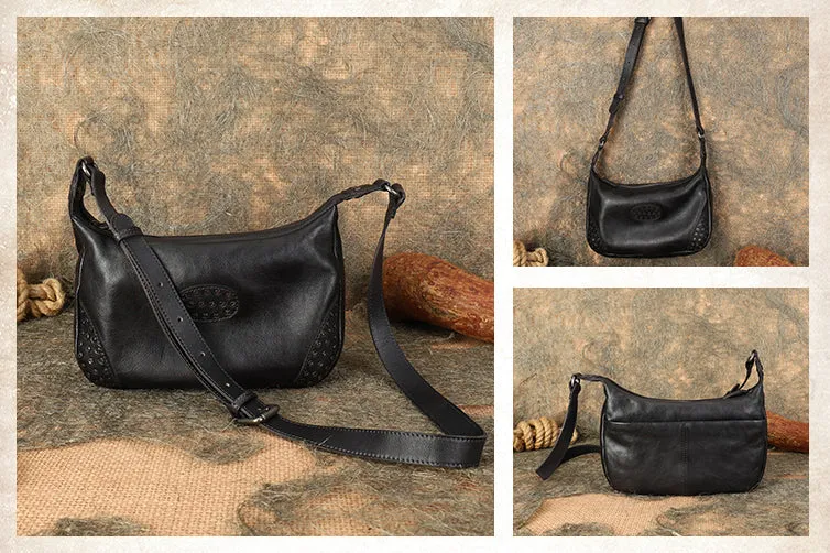 Womens Leather Hobo Crossbody Brown Shoulder Bag With Rivets