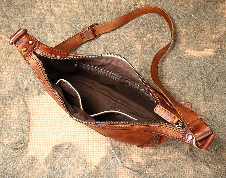 Womens Leather Hobo Crossbody Brown Shoulder Bag With Rivets