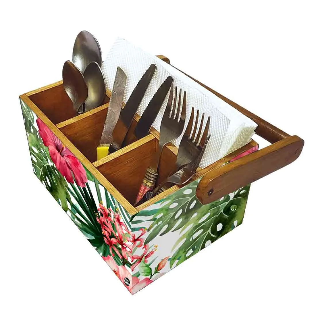 Wooden Tissue and Cutlery Holder for kitchen Organizer With Handle - Hibiscus