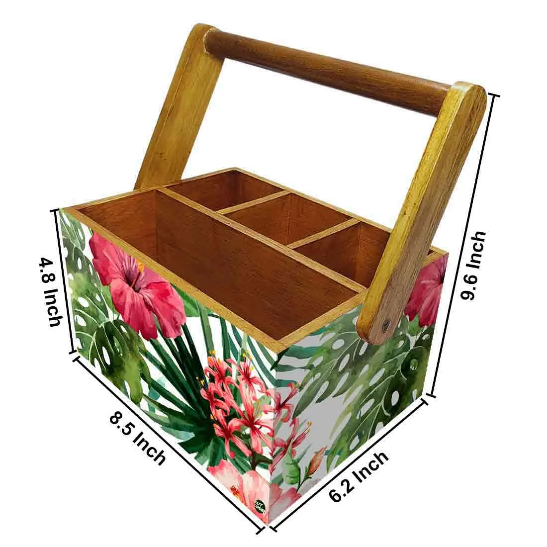 Wooden Tissue and Cutlery Holder for kitchen Organizer With Handle - Hibiscus