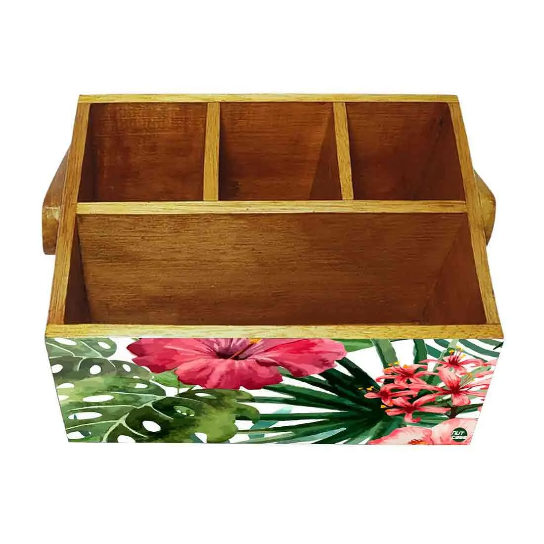 Wooden Tissue and Cutlery Holder for kitchen Organizer With Handle - Hibiscus