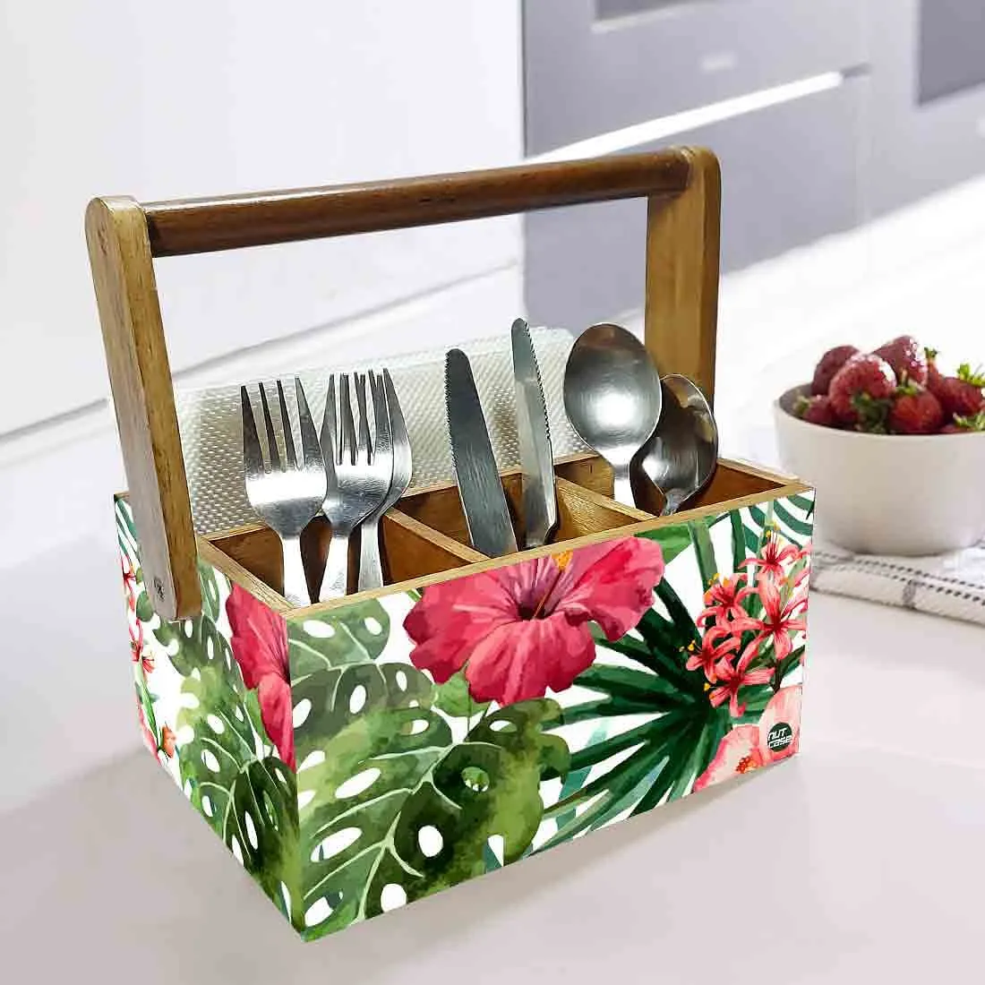 Wooden Tissue and Cutlery Holder for kitchen Organizer With Handle - Hibiscus
