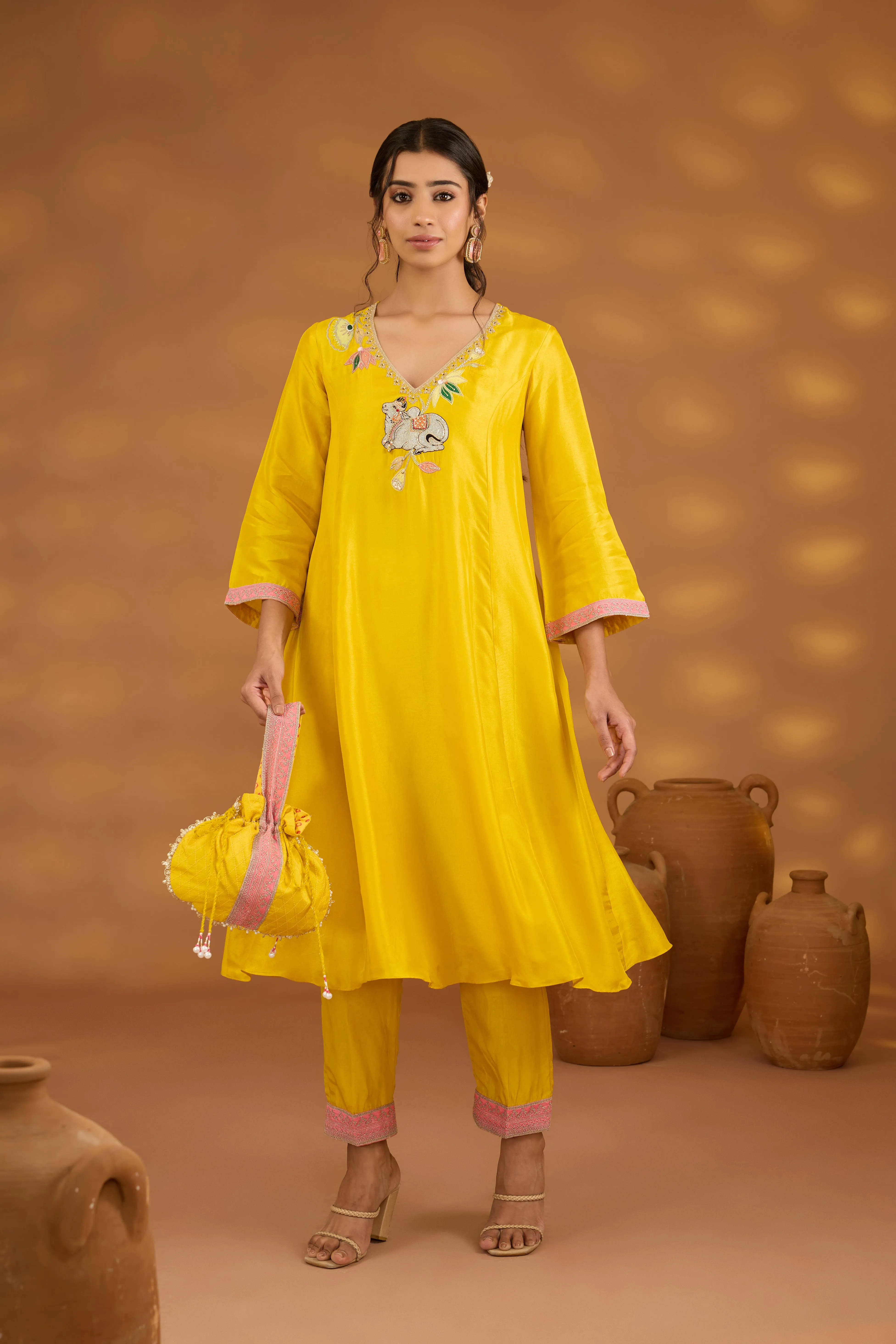 yellow silk embroidered kurta set with dupatta